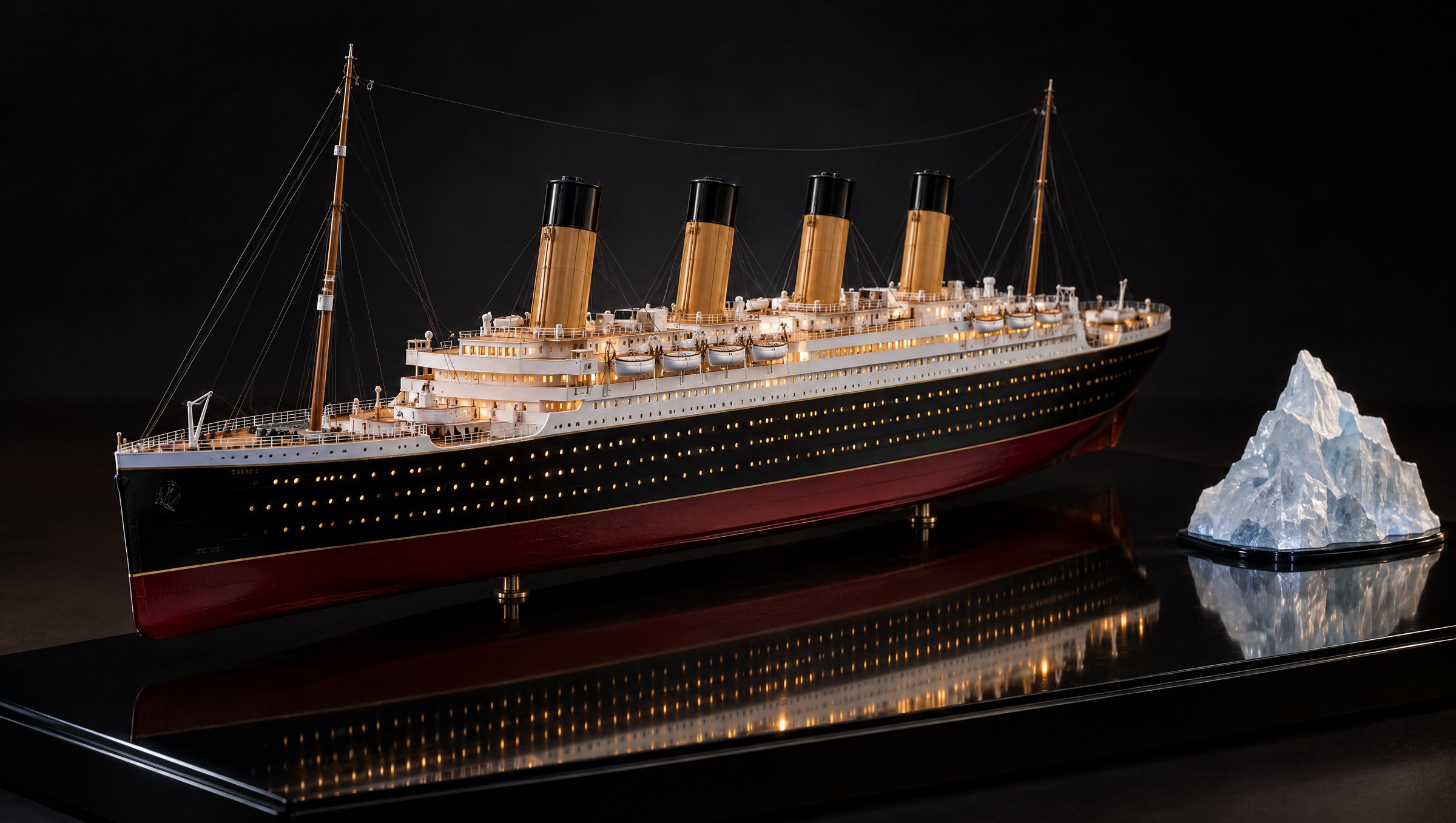 Concept render: the pre-built RMS Titanic model with its lights on, beside its iceberg on a black display surface
