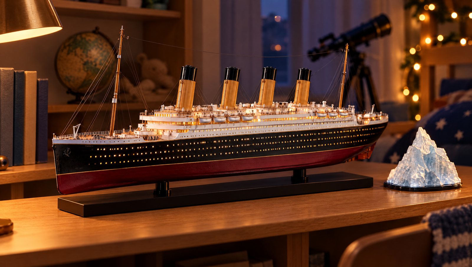 Concept render: the model with its lights on, displayed on a desk in a cozy bedroom next to its iceberg